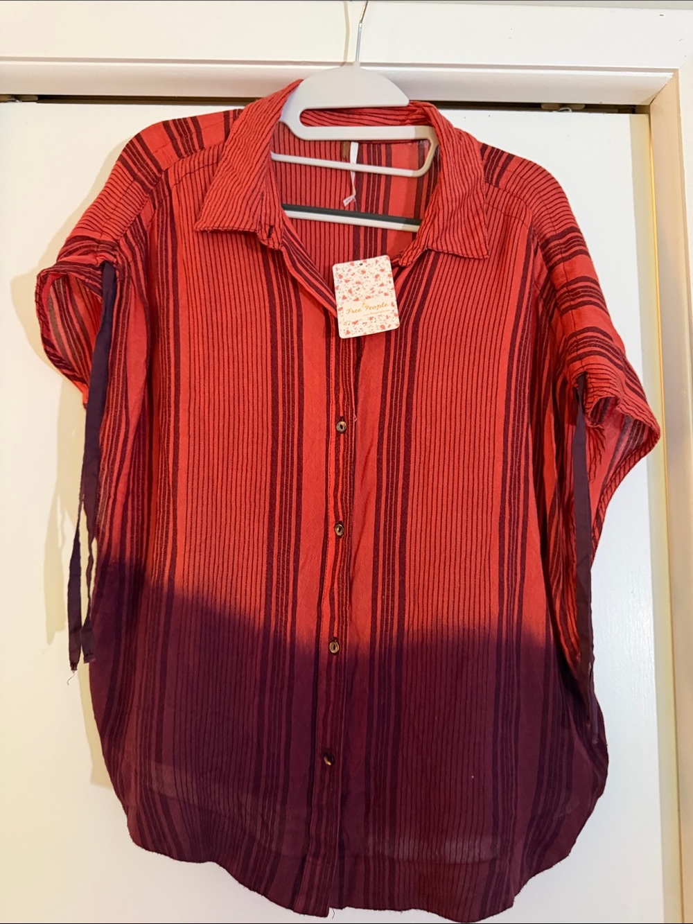 Free People Rust Striped Short Sleeve Button-Up Shirt